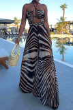 Sexy Vacation Zebra Print Lace Up Backless Contrast Halter Loose Jumpsuits