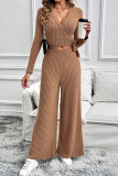 Casual Solid Color Lace Up Potholes V Neck Long Sleeve Two Pieces