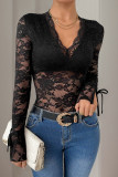 Sexy Solid Color Lace Lace Up See-Through V Neck Skinny Bodysuits