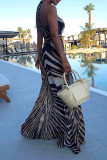 Sexy Vacation Zebra Print Lace Up Backless Contrast Halter Loose Jumpsuits