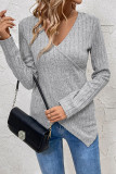 Casual Solid Color Irregular Potholes V Neck Tops