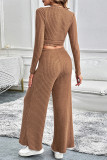 Casual Solid Color Lace Up Potholes V Neck Long Sleeve Two Pieces