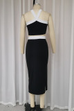 Sexy Solid Color Slit Contrast Halter Sleeveless Two Pieces