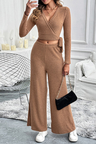 Casual Solid Color Lace Up Potholes V Neck Long Sleeve Two Pieces