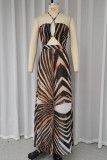 Sexy Vacation Zebra Print Lace Up Backless Contrast Halter Loose Jumpsuits