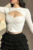 Sexy Solid Color Hollow Out Ruched O Neck Tops