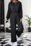 Casual Solid Color Pocket O Neck Loose Jumpsuits