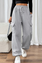 Casual Sportswear Solid Color Draw String Pocket Loose High Waist Straight Solid Color Bottoms