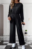 Casual Solid Color Pocket O Neck Loose Jumpsuits