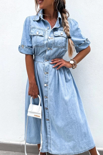 Casual Street Solid Color Buttons Patchwork Turndown Collar Short Sleeve Loose Denim Dresses