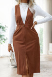 Daily Elegant Solid Color Pocket Buttons Slit V Neck Wrapped Skirt Dresses