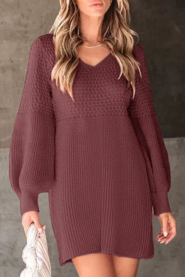 Casual Solid Color Weave O Neck Long Sleeve Dresses