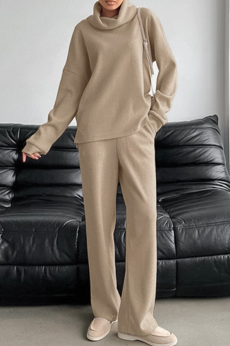 Casual Solid Color Pocket Potholes Turtleneck Long Sleeve Two Pieces