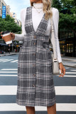 Casual Street Plaid Pocket Buttons Contrast V Neck Wrapped Skirt Dresses