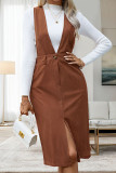 Daily Elegant Solid Color Pocket Buttons Slit V Neck Wrapped Skirt Dresses