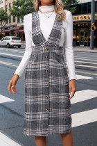 Casual Street Plaid Pocket Buttons Contrast V Neck Wrapped Skirt Dresses