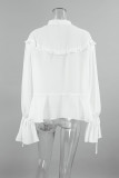Sexy Solid Color Buttons See-Through Ruffle Tie Neck Tops