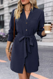 Street Elegant Solid Color Lace Up Buttons V Neck Shirt Dresses