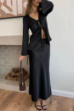 Casual Solid Color Lace Up V Neck Long Sleeve Two Pieces