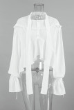 Sexy Solid Color Buttons See-Through Ruffle Tie Neck Tops