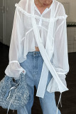 Sexy Solid Color Buttons See-Through Ruffle Tie Neck Tops