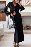 Casual Solid Color Lace Up V Neck Long Sleeve Two Pieces