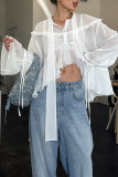 Sexy Solid Color Buttons See-Through Ruffle Tie Neck Tops