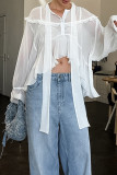 Sexy Solid Color Buttons See-Through Ruffle Tie Neck Tops