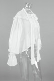 Sexy Solid Color Buttons See-Through Ruffle Tie Neck Tops