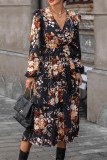Street Elegant Floral Print Lace Up Ruffle V Neck A Line Dresses