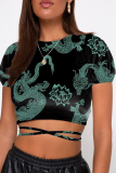 Sexy Geometric Print Animal Print Lace Up Backless Contrast Half A Turtleneck T-Shirts