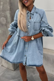 Casual Street Solid Color Pocket Buttons Turndown Collar Long Sleeve Loose Denim Dresses
