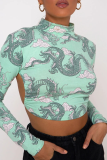 Sexy Street National Totem Geometric Print Lace Up Backless Half A Turtleneck Tops
