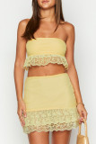 Sexy Solid Color Lace Ruffle Strapless Sleeveless Two Pieces