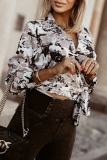 Casual Geometric Print Lace Up Turndown Collar Tops