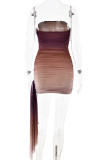 Sexy Gradient Color Ruched Contrast Strapless Wrapped Skirt Dresses
