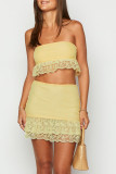 Sexy Solid Color Lace Ruffle Strapless Sleeveless Two Pieces