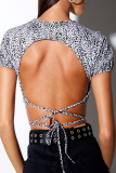 Sexy Geometric Print Animal Print Lace Up Backless Contrast Half A Turtleneck T-Shirts