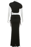 Sexy Street Solid Color Draw String Irregular Oblique Collar Short Sleeve Two Pieces