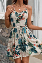 Casual Vacation Floral Print Lace Up Backless V Neck Sling Dresses