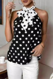 Casual Polka Dot Lace Up Contrast Halter Tops