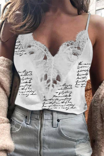 Sexy Letter Print Lace V Neck Tops