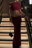 Sexy Street Solid Color Draw String Irregular Oblique Collar Short Sleeve Two Pieces
