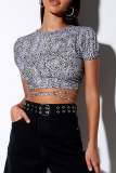 Sexy Geometric Print Animal Print Lace Up Backless Contrast Half A Turtleneck T-Shirts