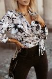 Casual Geometric Print Lace Up Turndown Collar Tops