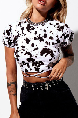 Sexy Geometric Print Animal Print Lace Up Backless Contrast Half A Turtleneck T-Shirts