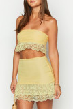 Sexy Solid Color Lace Ruffle Strapless Sleeveless Two Pieces
