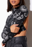 Sexy Street National Totem Geometric Print Lace Up Backless Half A Turtleneck Tops