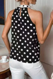 Casual Polka Dot Lace Up Contrast Halter Tops