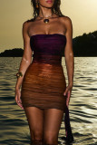 Sexy Gradient Color Ruched Contrast Strapless Wrapped Skirt Dresses